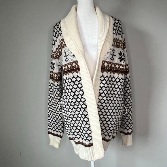 Vintage KMart Women's Fair Isle Print Cardigan Sweater *no belt* Sz L Fisherman - Picture 1 of 10